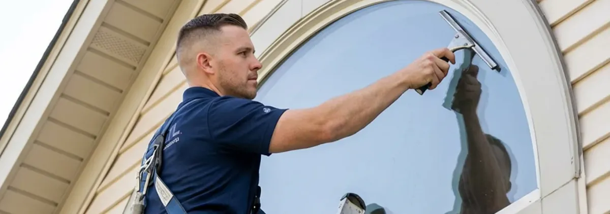 Professional window cleaner using a squeegee to clean an exterior arched window on a home, Chandler, AZ.